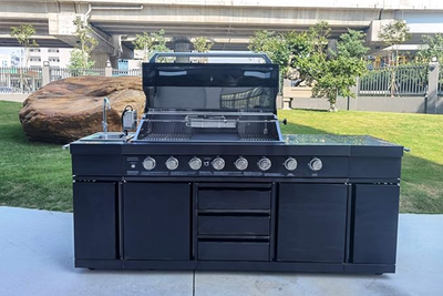 3 in 1 Black Stainless Steel Outdoor BBQ Kitchen Island Grill Propane LPG w/ Sink, Side Burner, LED Lights, and Canvas Cover