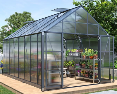 HOWE 10x16x10 FT Polycarbonate Greenhouse 6.3FT Added Wall Height Double Swing Doors 4 Vents , Walk-in Large Aluminum Greenhouse Sunroom Winter Greenhouse for Outdoors, Black