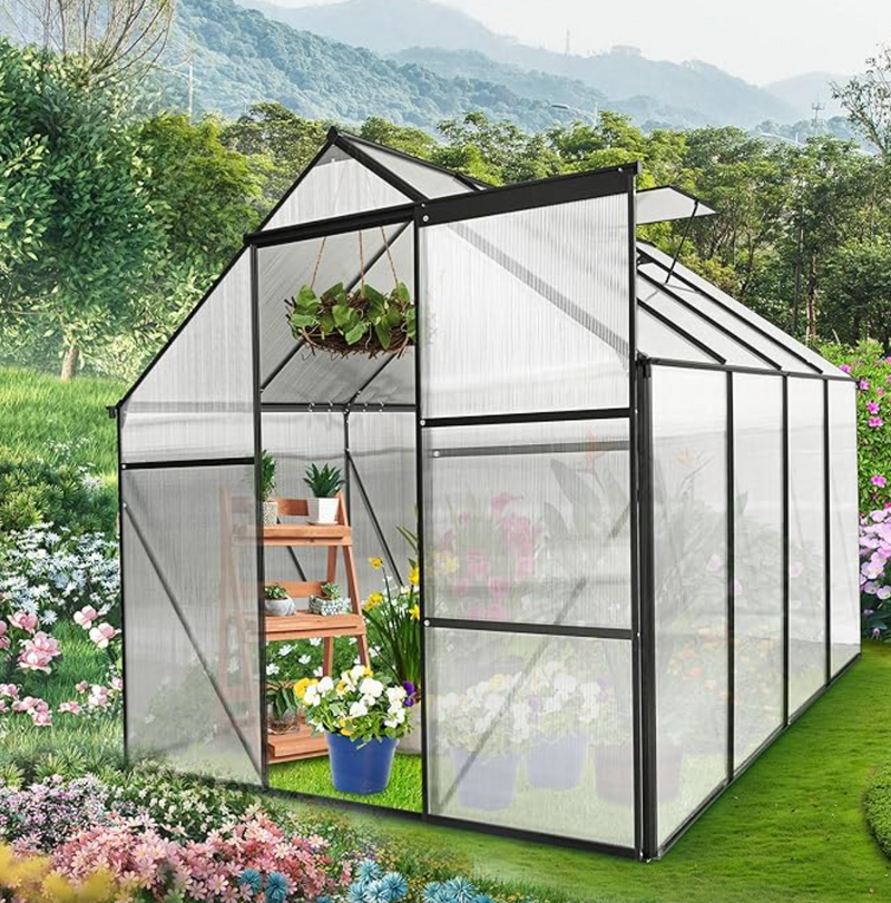 Oarlike 6x8 FT Polycarbonate Greenhouse for Outdoors with Sliding Door and Adjustable Vent Window, Walk in Heavy Duty Green House for Plants, Glass Greenhouse Kit for Outside Backyard Graden, Black