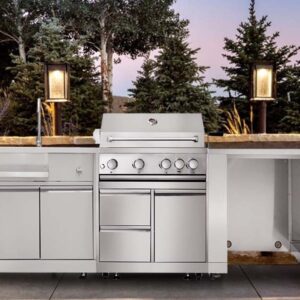 4 Pcs Stainless Steel Outdoor Kitchen Bar Gas Barbecue Island Grill, 4-Burner 59000 BTU Built-in Grill with Infrared Rear Burner + Grill Cabinet + Sink Cabinet + Appliance Cabinet + Rotisserie Kit