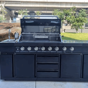 3 in 1 Black Stainless Steel Outdoor BBQ Kitchen Island Grill Propane LPG w/ Sink, Side Burner, LED Lights, and Canvas Cover