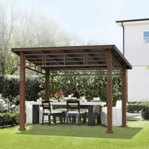 LUE BONA 10x12 Hardtop Gazebo, Outdoor Pergola Metal Roof Gazebo with Wooden Frame, Patio Gazebo Canopy with Curtains, Permanent Pavilion Grill Gazebo for Deck, Patio, Backyard, Garden